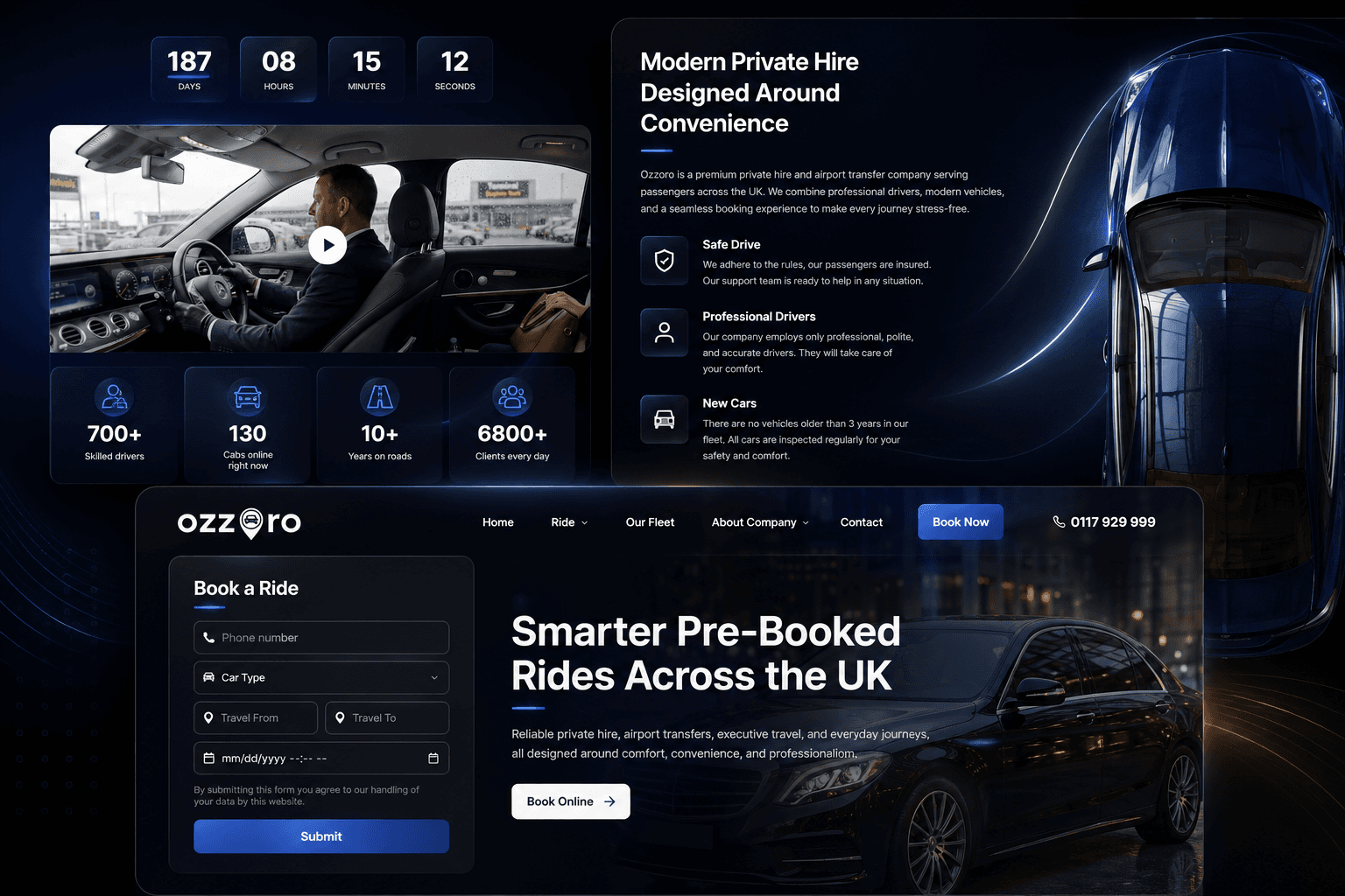 Ozzoro private hire and airport transfer website showing the ride booking form, fleet stats, and service highlights